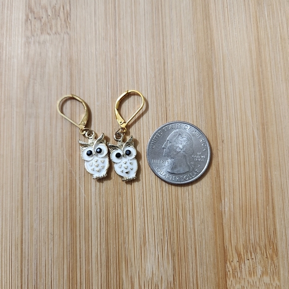 Hand Crafted Gold and White Owl Earrings Pierced Lever Back Enamel - Picture 3 of 7